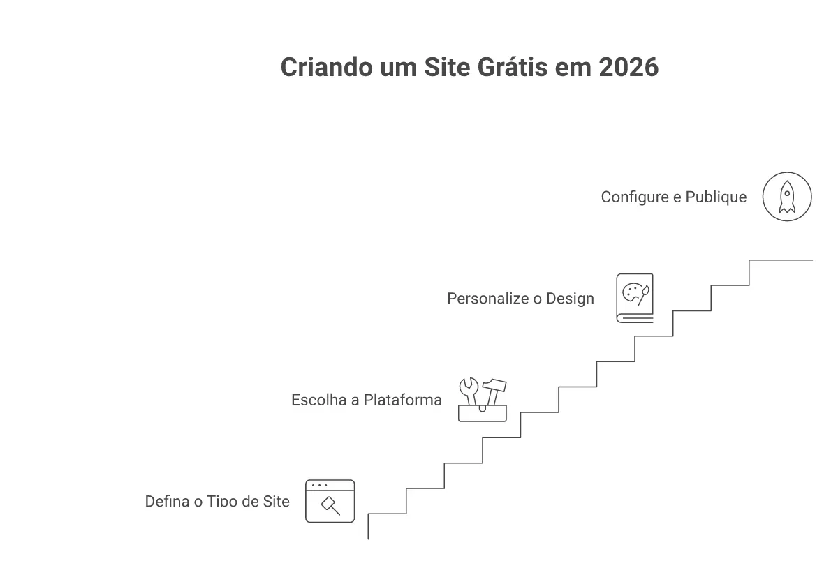 Processo sequencial de 4 etapas: definir tipo de site, escolher plataforma, personalizar design, configurar domínio e publicar