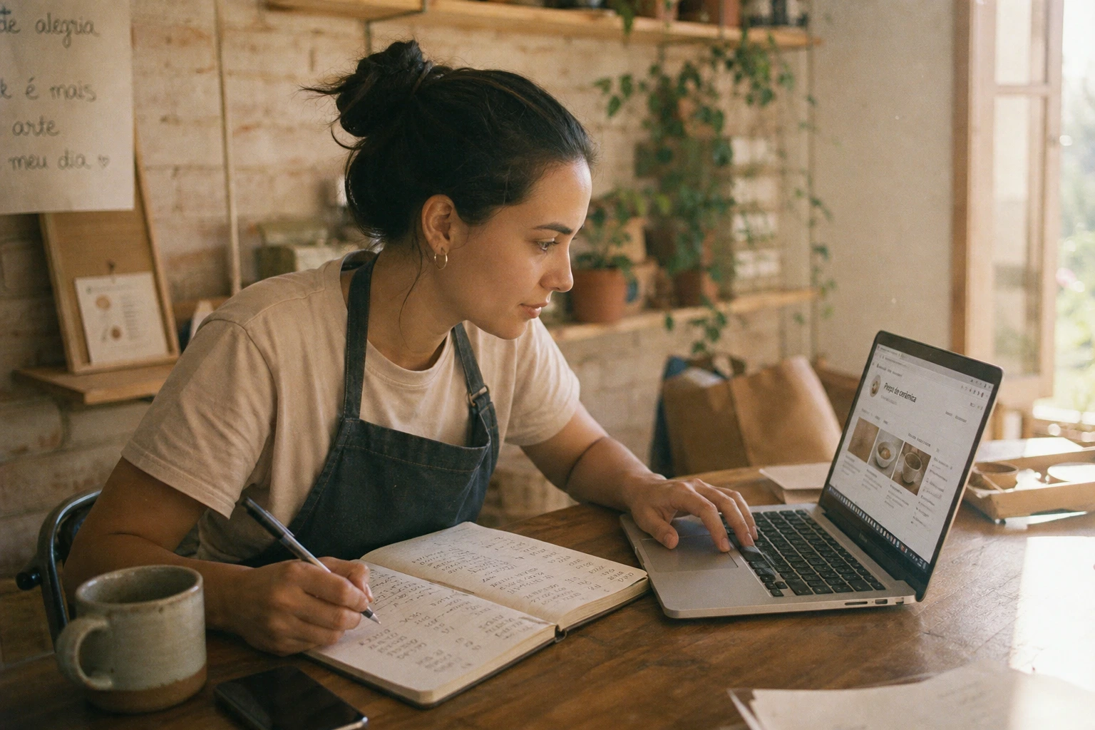 Empreendedora de avental anota em caderno enquanto pesquisa em laptop no balcao do seu negocio
