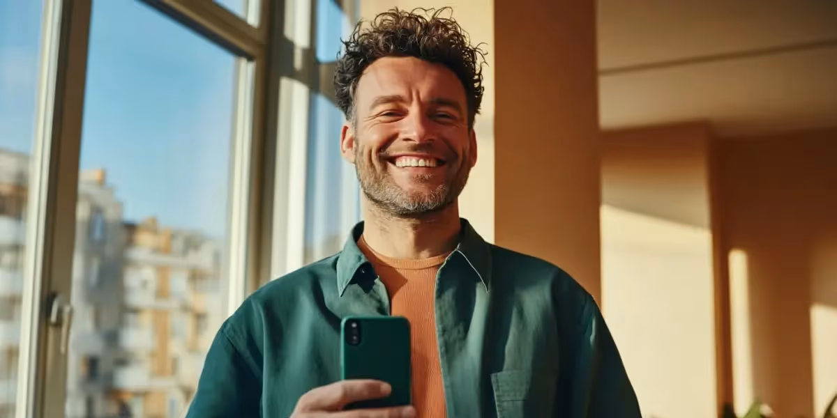 Imagem de uma mão segurando um smartphone exibindo a tela do aplicativo da InfinitePay, que confirma a ativação de um cartão pré-pago. A tela mostra o nome "Claudia Walker" e um cartão virtual com o logo da Mastercard. Ao fundo, há um ambiente desfocado com plantas e objetos decorativos.