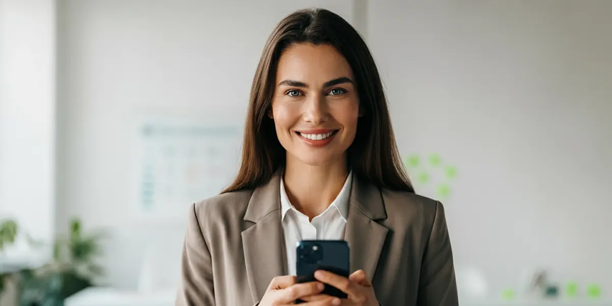Mulher de terno em um ambiente iluminado com o celular na mão simbolizando a pesquisa por "o que é antecipação de recebíveis"
