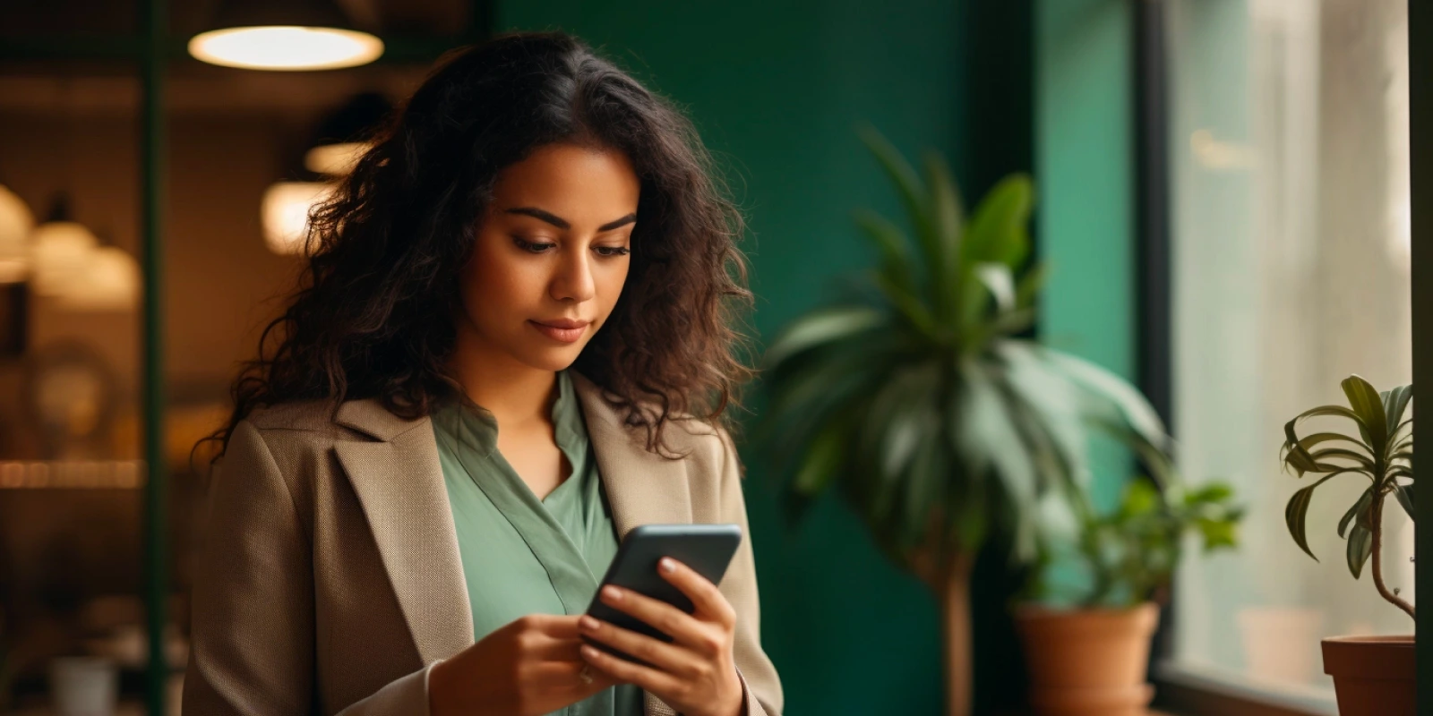 O pix vai ser cobrado? Mulher em pé com o celular na mão olhando para tela do smartphone