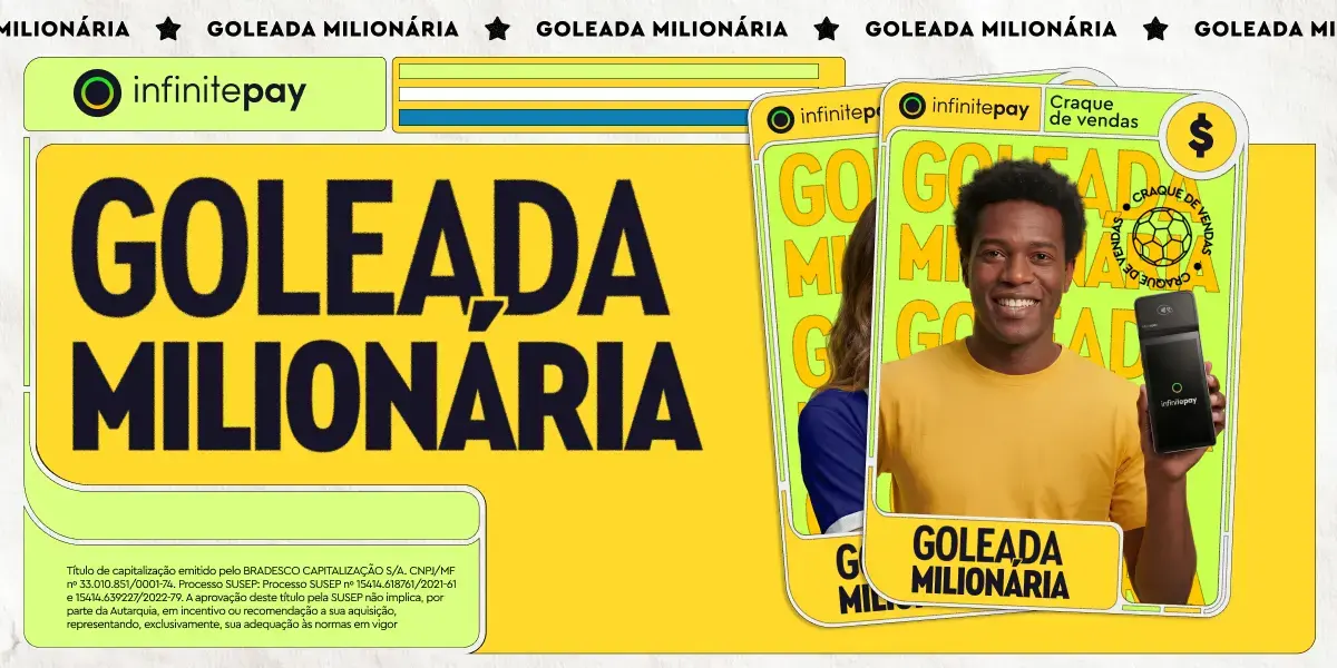 Banner da campanha Goleada Milionária da InfinitePay em fundo amarelo com faixa de texto "Coleção Oficial — Goleada Milionária". Título "Goleada Milionária" em letras grandes verdes. Dois figurinhas estilo álbum de coleção mostram uma mulher e um homem sorridentes vestindo camisetas amarelas e azuis, segurando celulares com o app InfinitePay e o selo "Craque de vendas". Logo InfinitePay no canto superior esquerdo.
