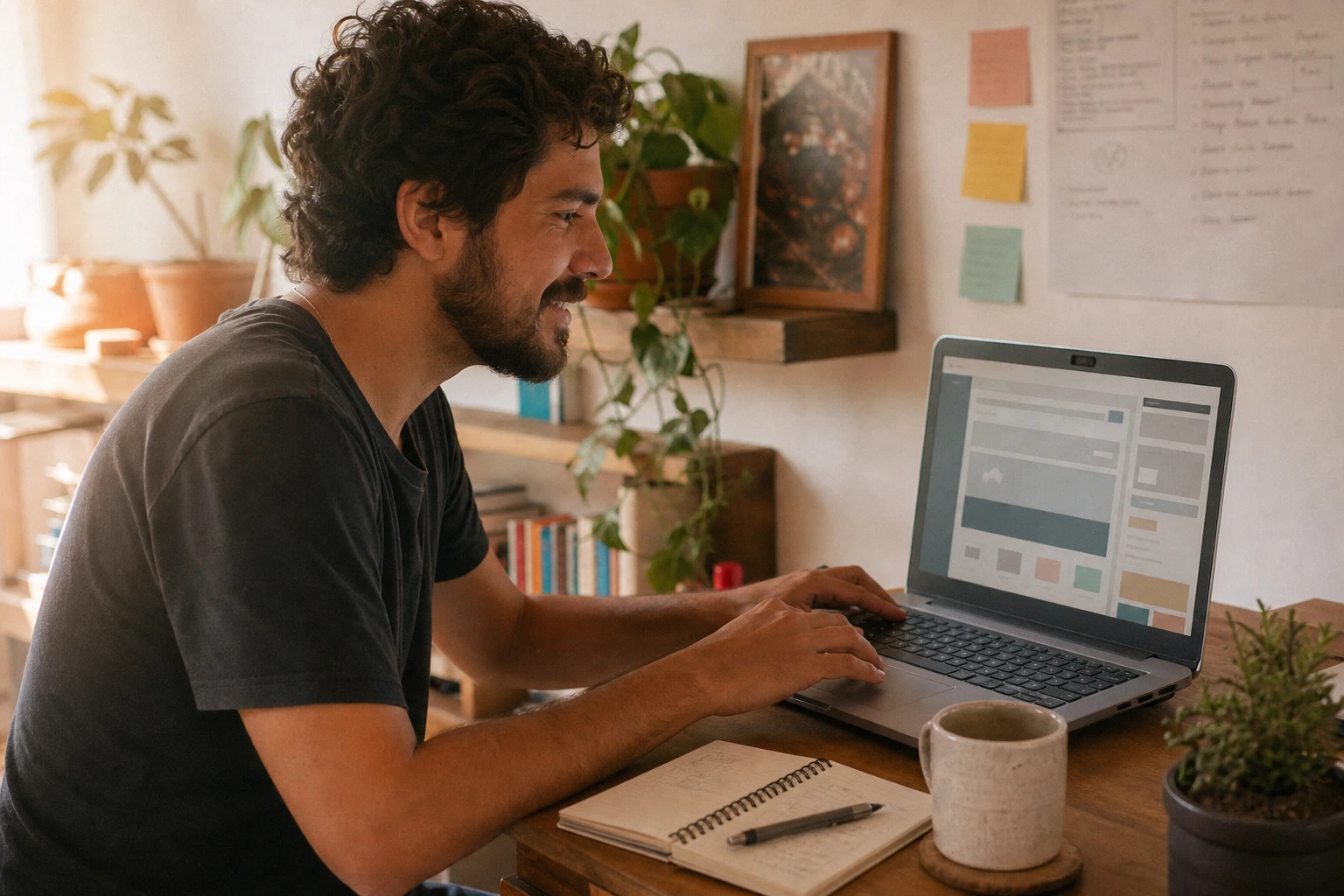 Homem digitando em notebook com layout de site aberto em escritório caseiro