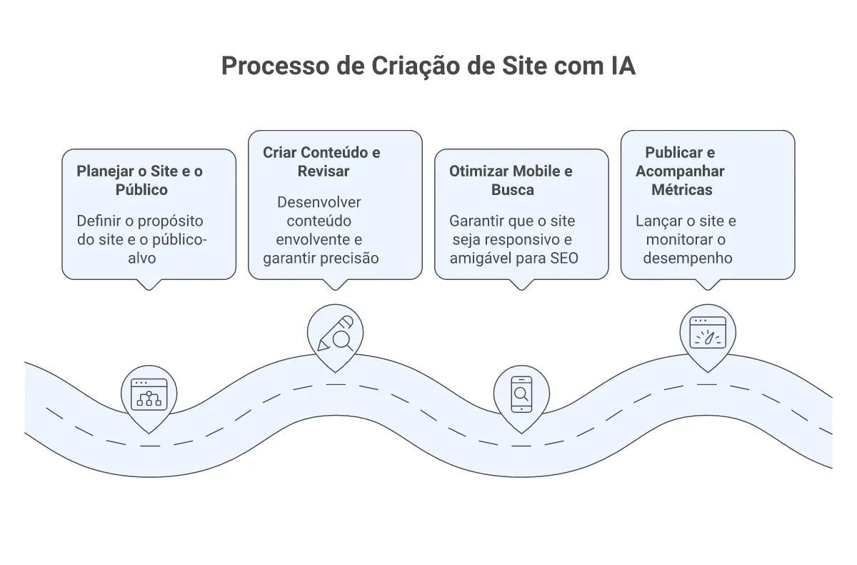 Processo de criação de site com IA em quatro etapas: planejar público, criar conteúdo, otimizar mobile e medir resultados