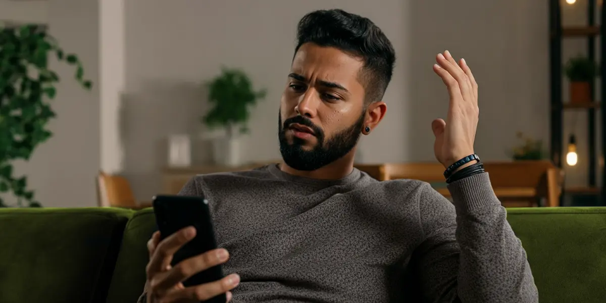 Homem sentado em um sofá olhando para o celular com dúvida, simbolizando a pergunta sobre o que é e como funciona o MED Mecanismo Especial de Devolução Pix
