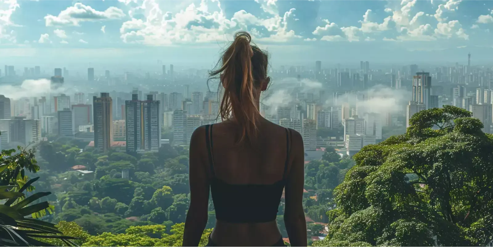 A imagem que ilustra o artigo "O que Open Finance?" mostra uma mulher observando uma cidade do alto, dando a entender que ela enxerga mais longe.