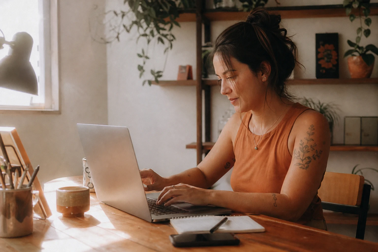 Empreendedora trabalha em um notebook em mesa de escritório criativo