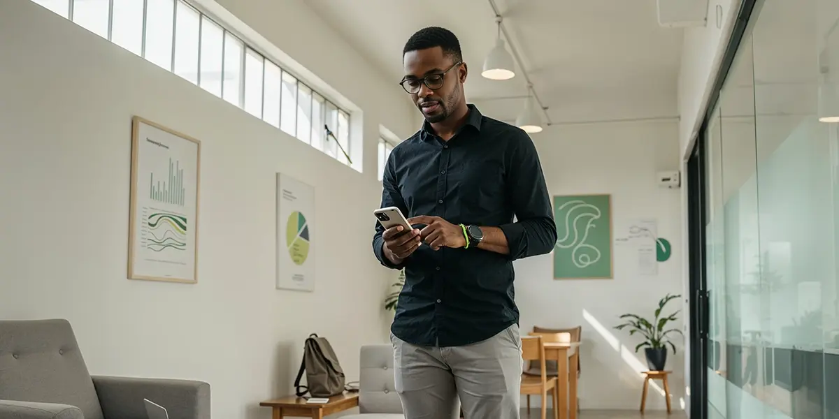 Empreendedor pesquisando em seu celular sobre empréstimo para MEI.