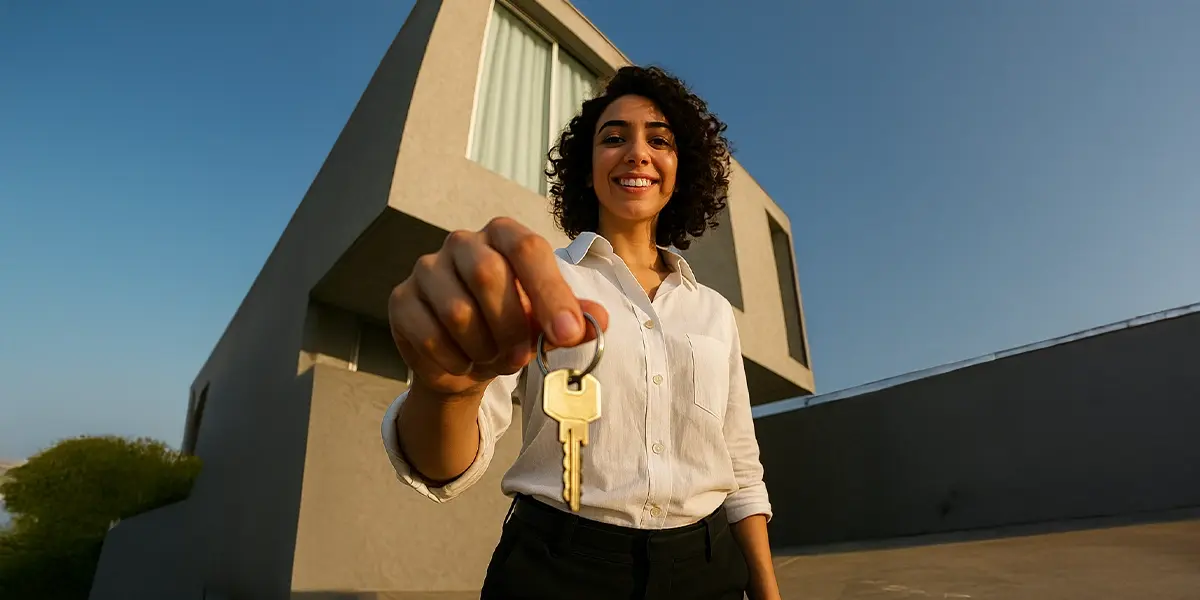 Mulher segurando uma chave com uma casa ao fundo simulando como funciona o empréstimo para financiamentos