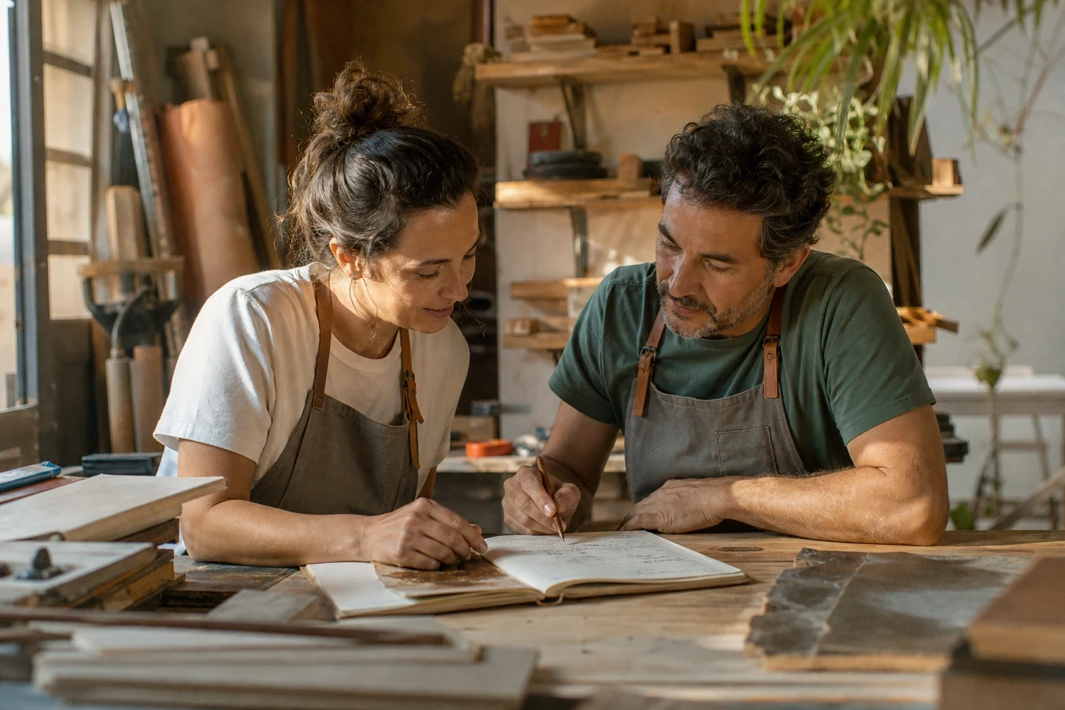 Um casal de artesãos com aventais analisa e faz anotações em um caderno aberto sobre a mesa de madeira de uma oficina.