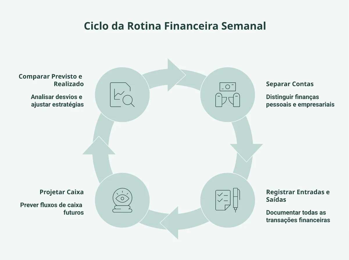 Ciclo de 4 etapas da rotina financeira semanal: separar contas, registrar fluxos, projetar caixa e analisar desvios.