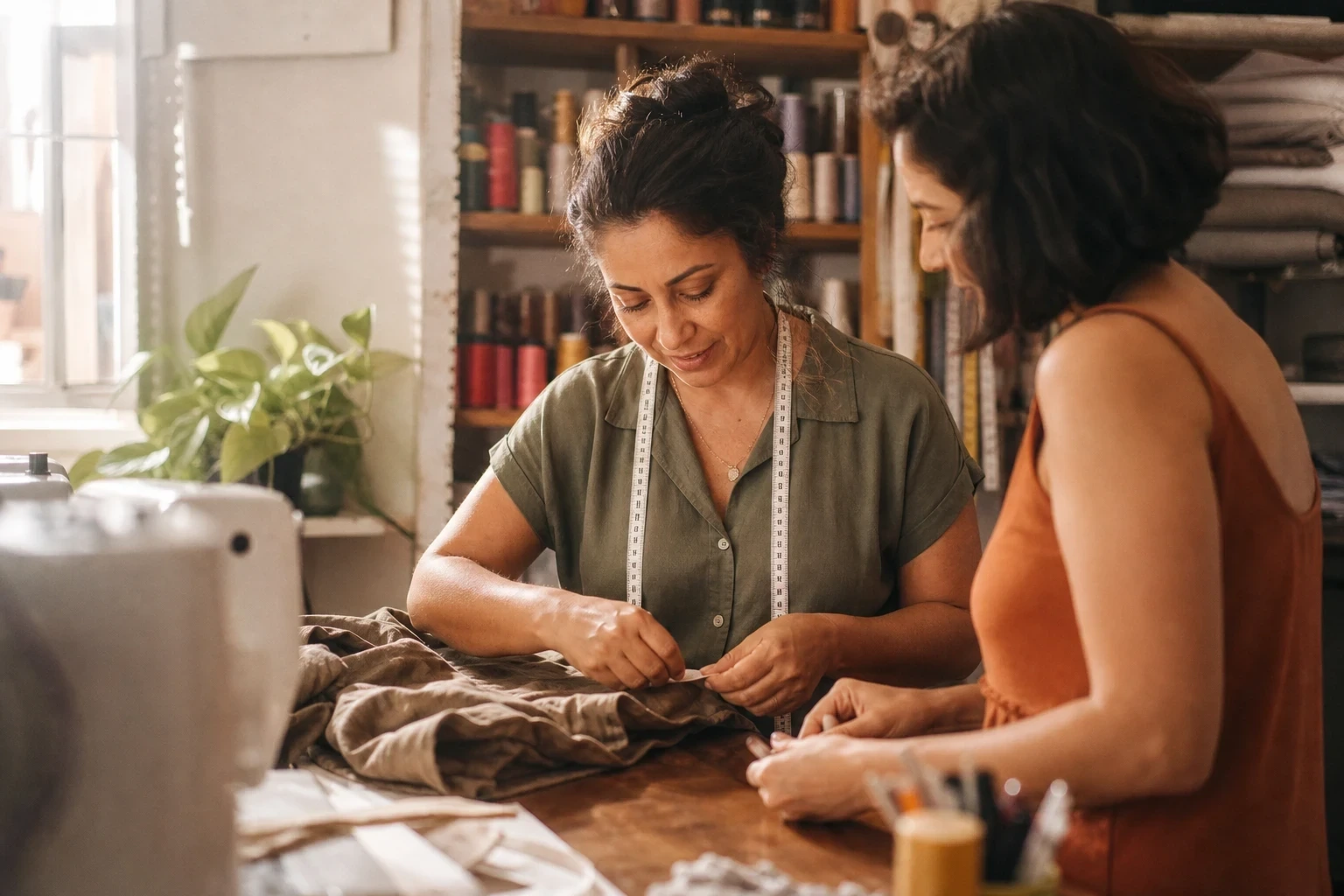 Duas costureiras trabalhando juntas em ateliê, ajustando uma peça de tecido em mesa de madeira com carretéis ao fundo.