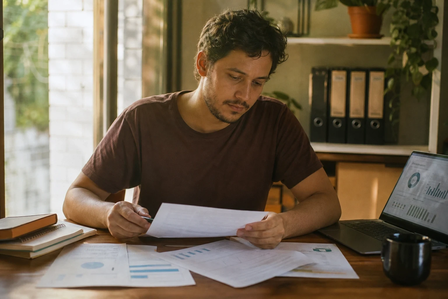Homem analisa documentos impressos sobre mesa de madeira ao lado de laptop aberto com gráficos em home office.