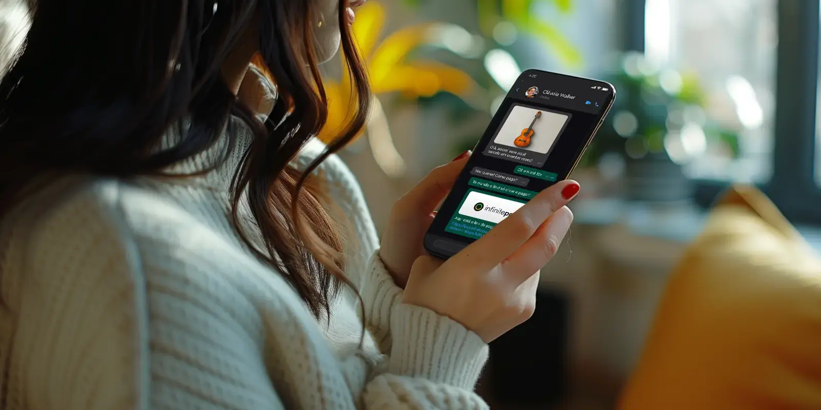 na imagem aparece uma mulher mulher com o celular na mão enviando uma venda através do link de pagamento da infinitepay, indicando ser o melhor link de pagamento
