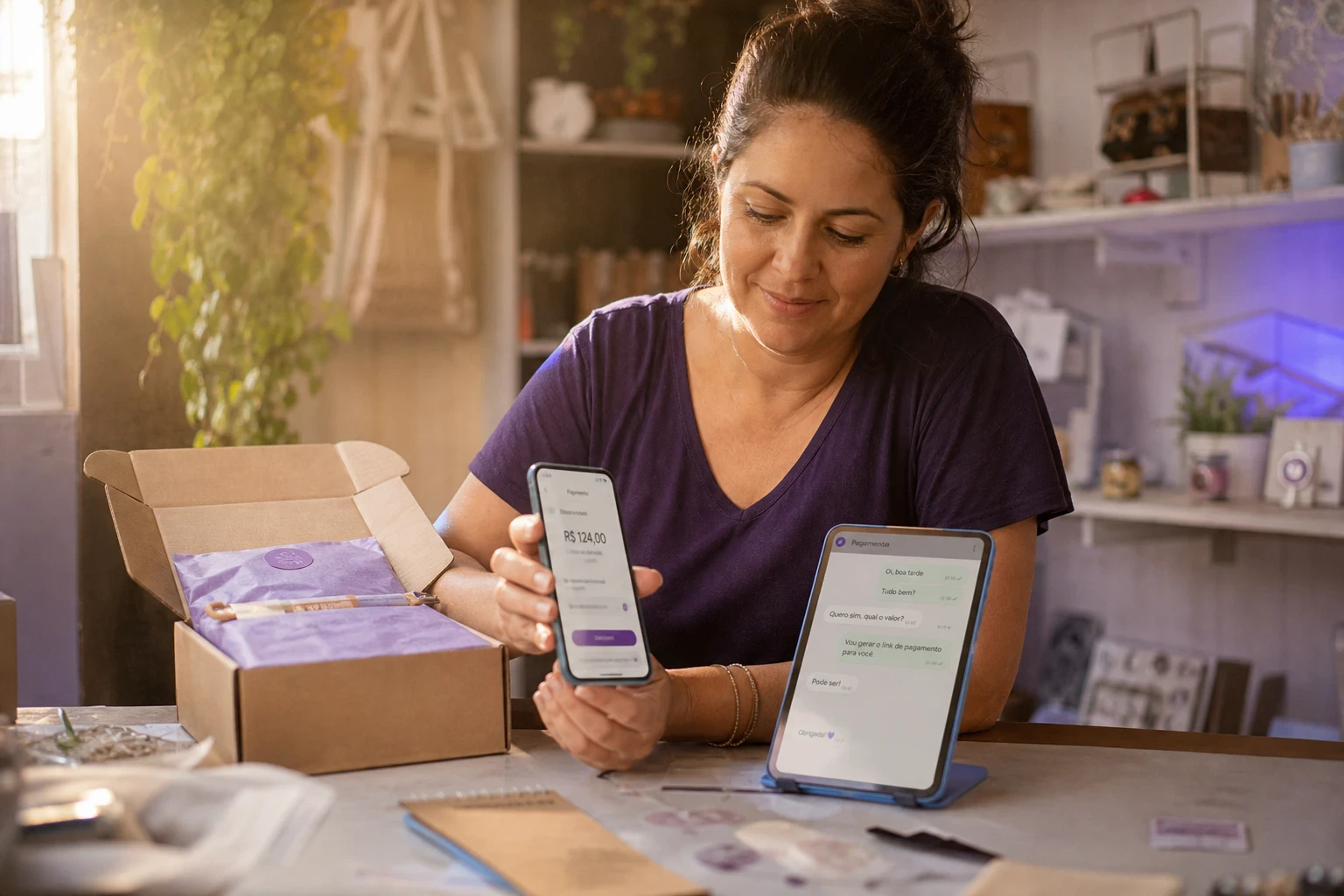 Empreendedora em seu ateliê segura celular exibindo tela de cobrança da InfinitePay ao lado de tablet com chat do WhatsApp.