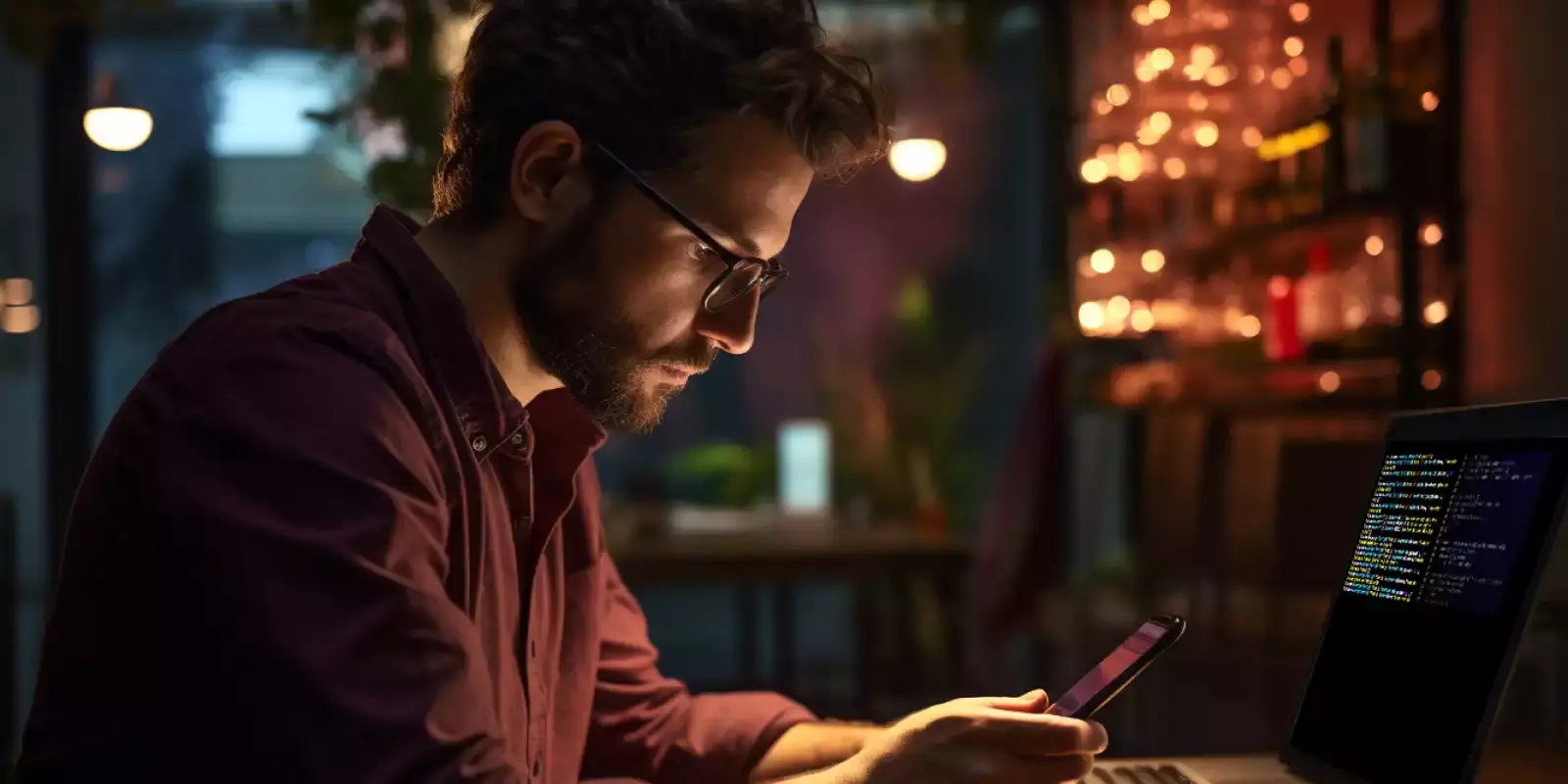 Imagem que ilustra artigo que fala sobre como desativar o modo desenvolvedor mostra um homem no escuro, olhando para o celular em frente a uma tela de computador preta.