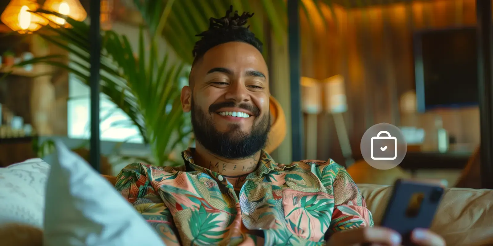 Vender pelo celular: Na imagem, há um homem negro, de cabelos trançados e camisa florida, sorrindo enquanto olha seu celular. Há o ícone de uma sacola com uma marca de confirmação, indicando que ele sabe vender pelo celular.