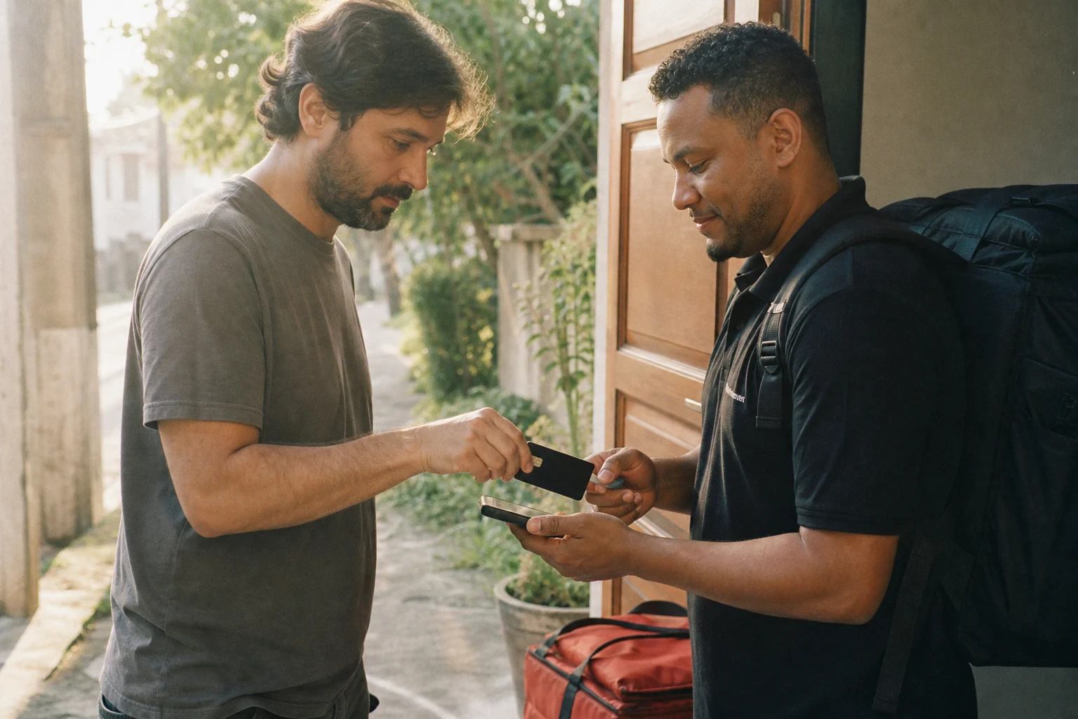 Entregador com mochila de delivery segura celular enquanto cliente aproxima cartão de crédito para pagar por aproximação.