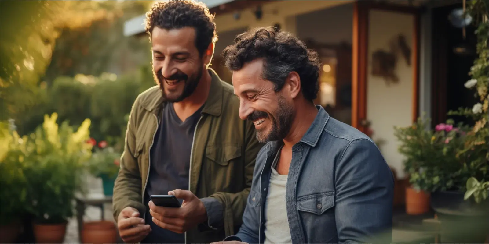 Máquina de cartão para CPF: Dois homens em pé, um está segurando o celular indicando utilizar o InfiniteTap, tecnologia que transforma o celular maquina de cartão para CPF