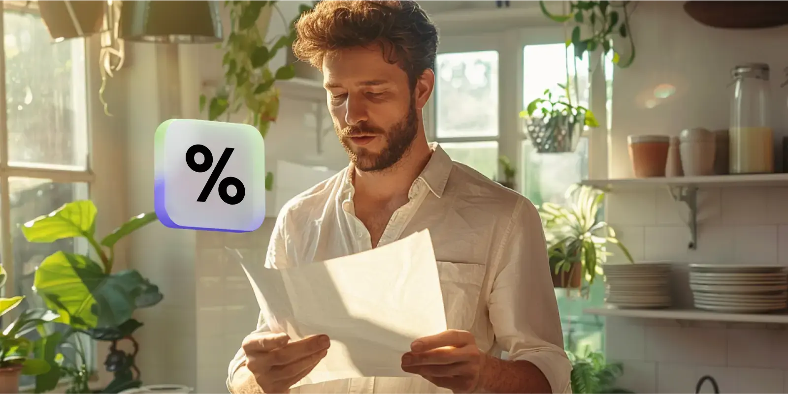 Um homem com barba e cabelo ondulado, usando uma camisa branca, está de pé em uma cozinha iluminada por luz natural, segurando um papel e lendo atentamente. Há várias plantas ao fundo e um ícone flutuante de porcentagem perto de sua cabeça, sugerindo que ele está preocupado com juros e multas em boletos.