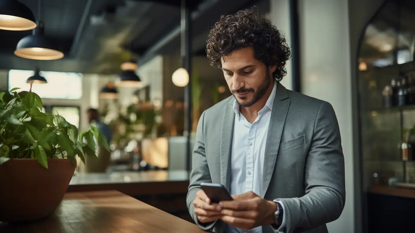 Na imagem, há um homem de cabelos cacheados e terno olhando para o celular com um semblante concentrado, denotando que está acompanhando o envio de mensagens de cobrança pelo WhatsApp para seu cliente