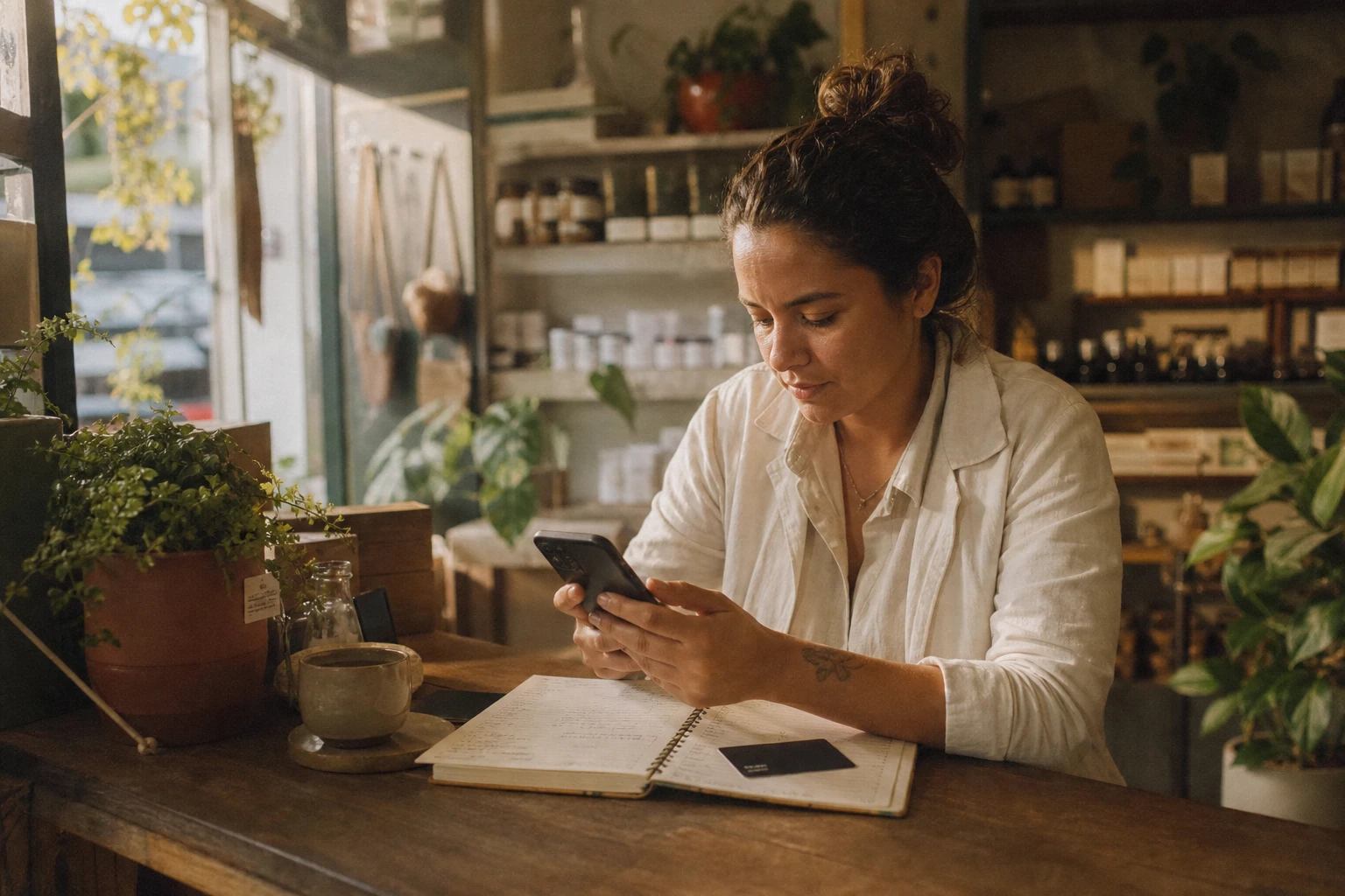 Mulher em ateliê de plantas digita no celular, com caderno de notas e um cartão de crédito preto sobre a mesa.