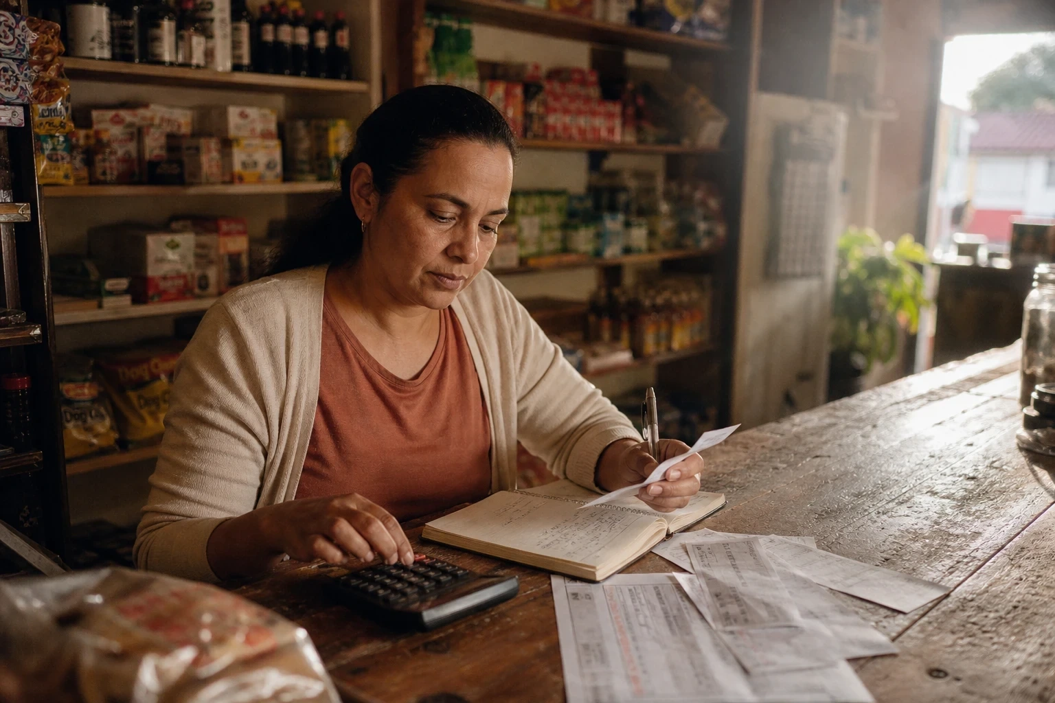 Mulher de meia-idade concentrada anota contas em um caderno e usa calculadora no balcão de madeira de uma mercearia.