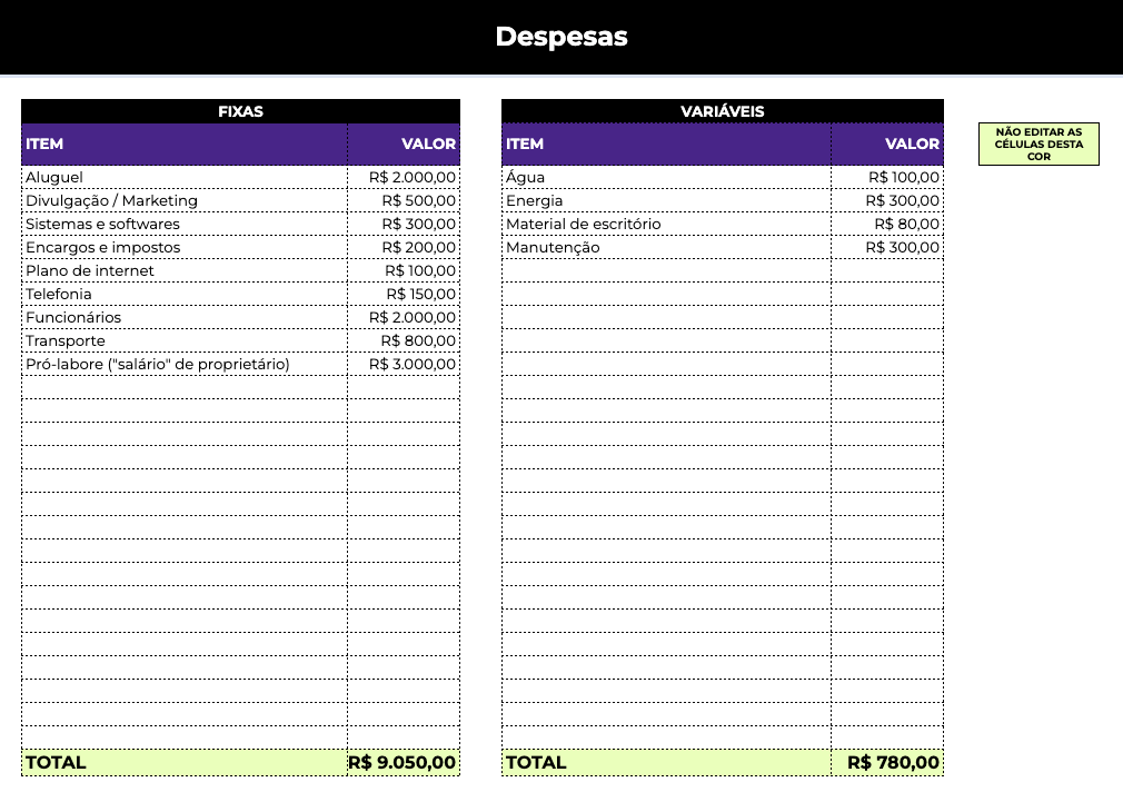Planilha de Precificação gratuita para Excel e Google Sheets: aba despesas