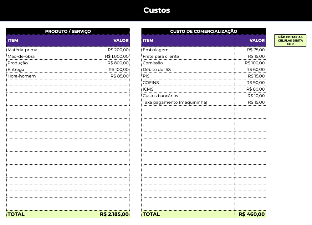Planilha de Precificação gratuita para Excel e Google Sheets: aba custos