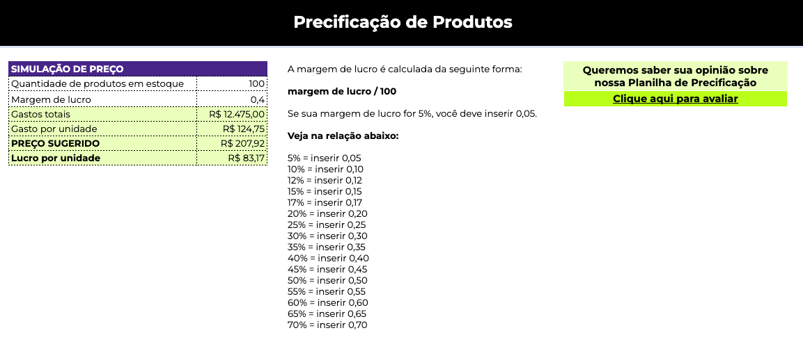 Planilha de Precificação gratuita para Excel e Google Sheets: aba precificacão de produtos
