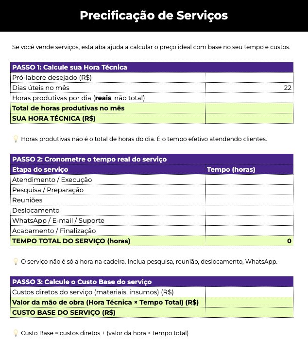 Planilha de Precificação gratuita para Excel e Google Sheets: aba precificacao de servicos