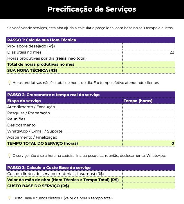 Planilha de Precificação gratuita para Excel e Google Sheets: aba precificacao de servicos
