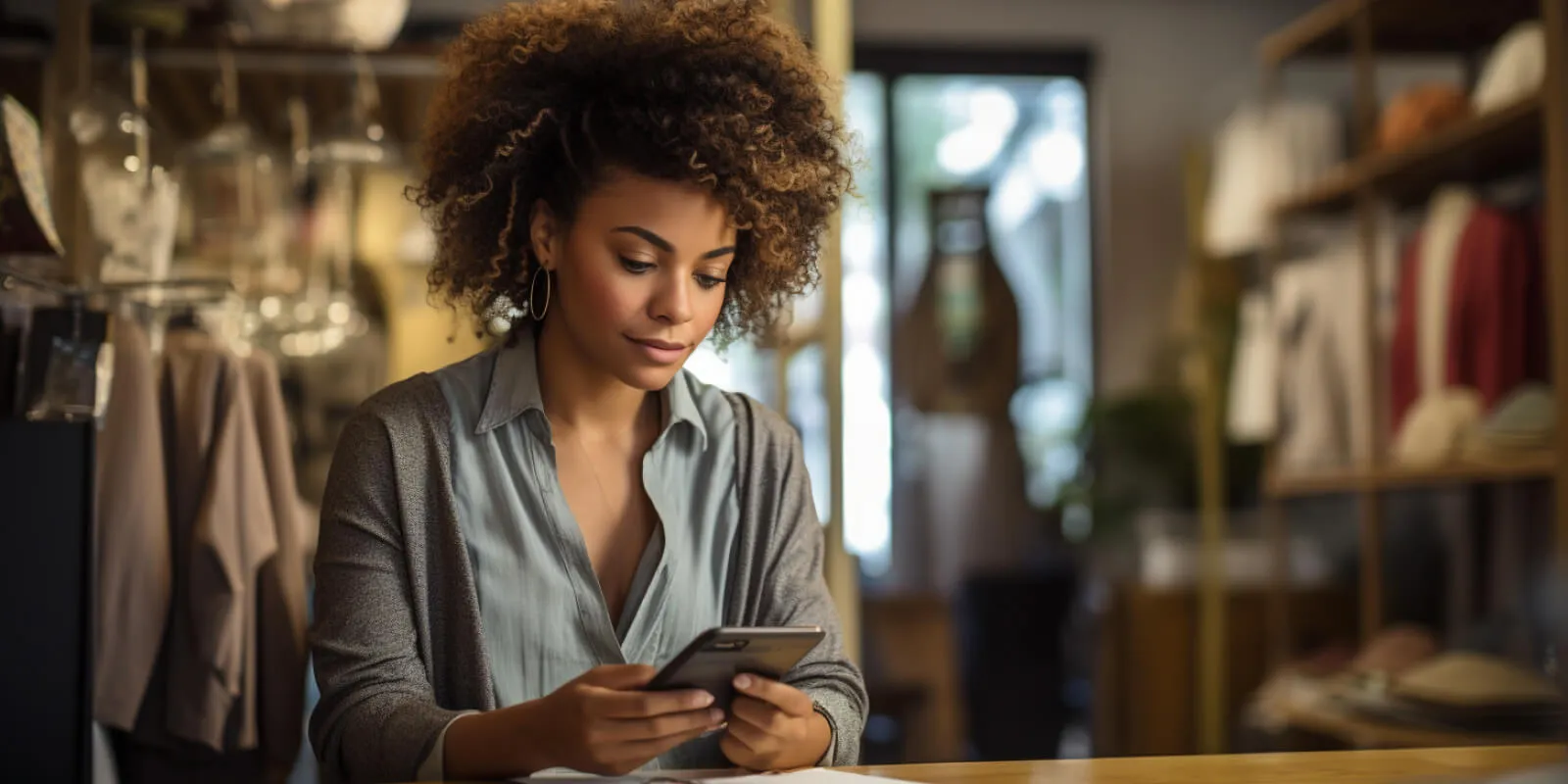 Ticket médio: A imagem que ilustra o artigo sobre ticket médio mostra uma mulher segurando um celular, em um ambiente que aparenta ser uma loja de roupas.