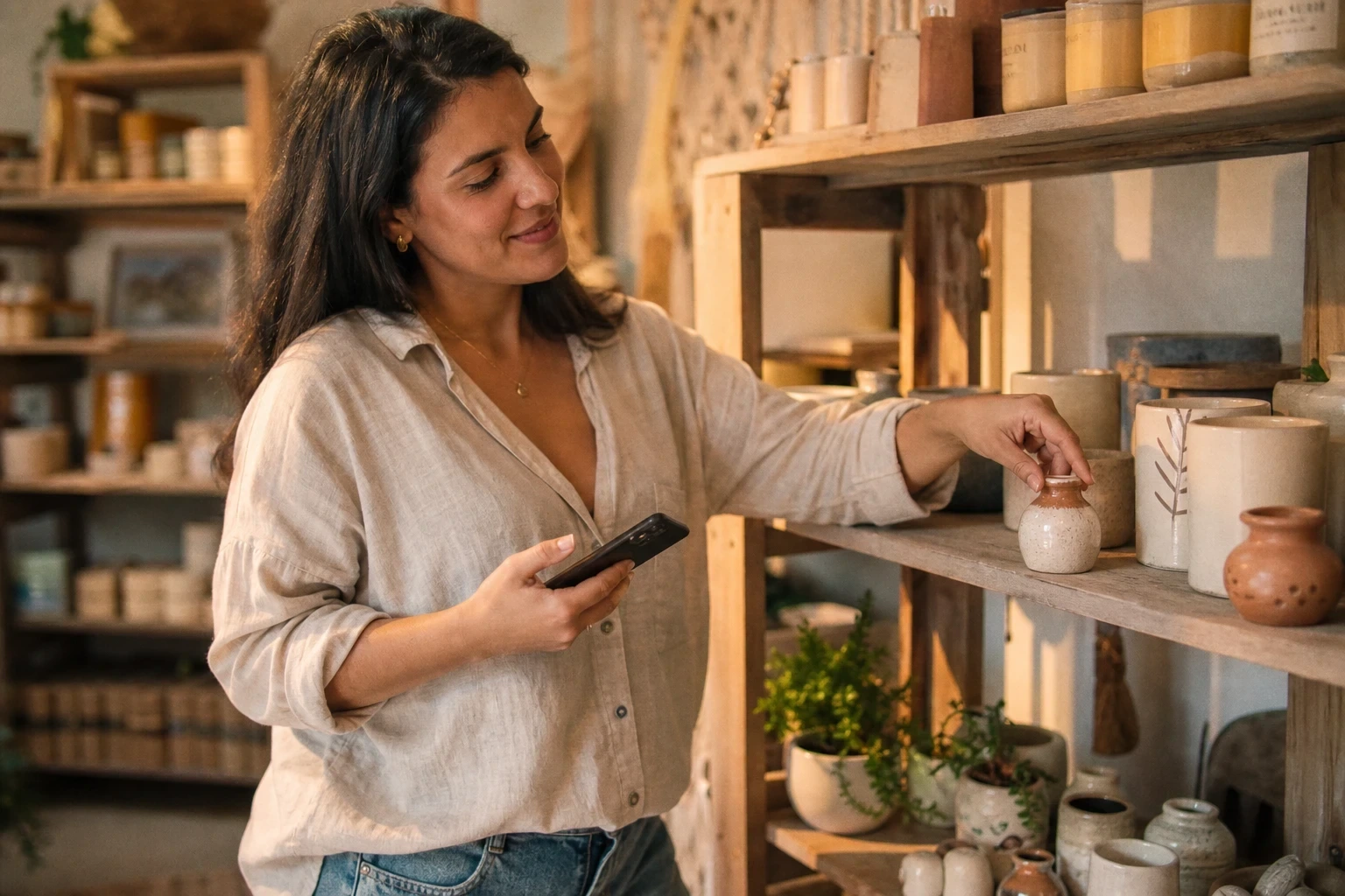 Mulher segura celular e organiza vasos de cerâmica em prateleira de madeira de seu ateliê.