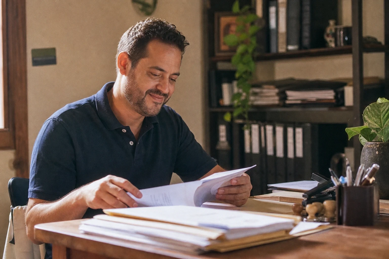 Homem sorridente revisa papéis em mesa de escritório de madeira com carimbos e prateleira de livros ao fundo.