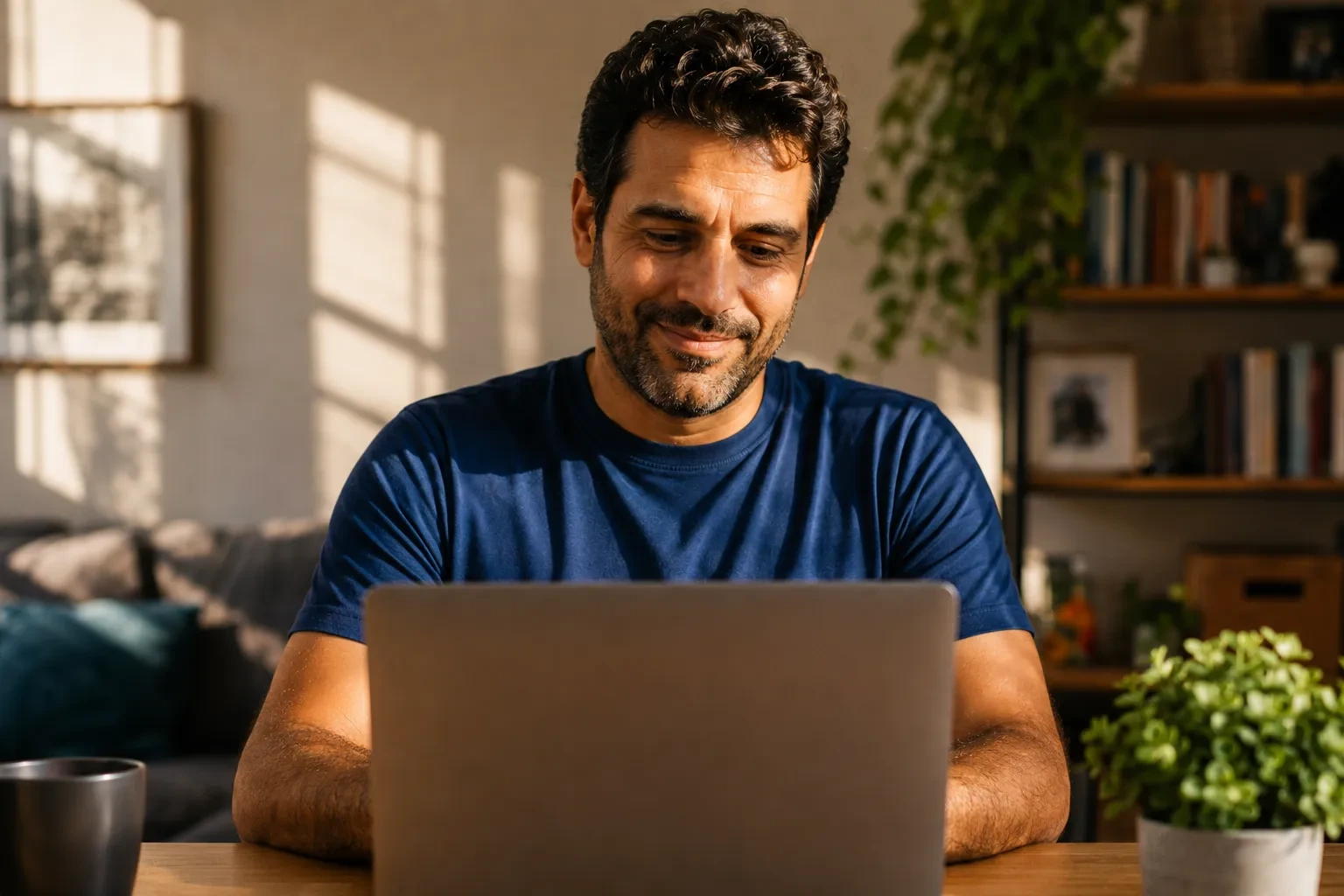 Homem de cabelo cacheado e barba curta consulta um laptop em mesa de madeira com luz natural ao fundo.