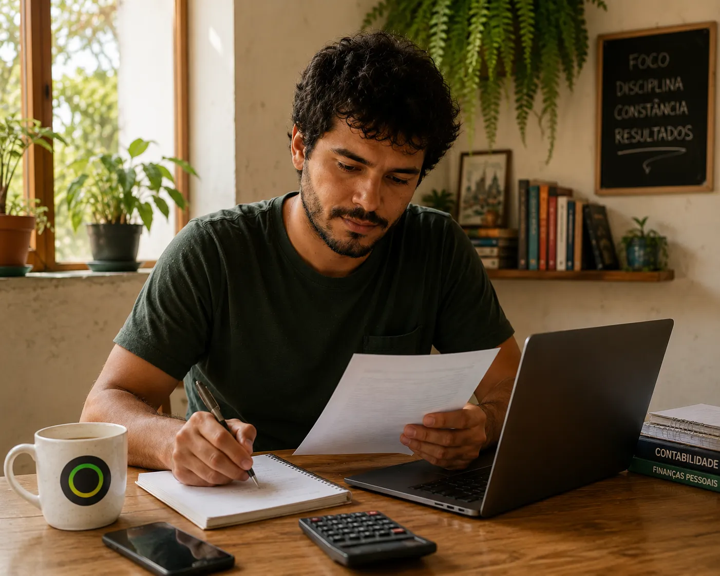 Homem barbudo com cabelos cacheiros escrevendo em um caderno sobre uma mesa de madeira, com calculadora, notebook e livros de contabilidade ao lado.