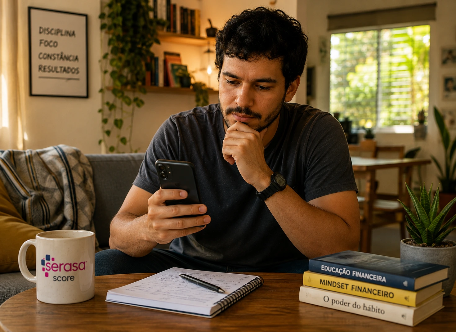 Empreendedor analisa o Score Serasa no celular com caneca do Serasa Score, caderno e livros de educação financeira.