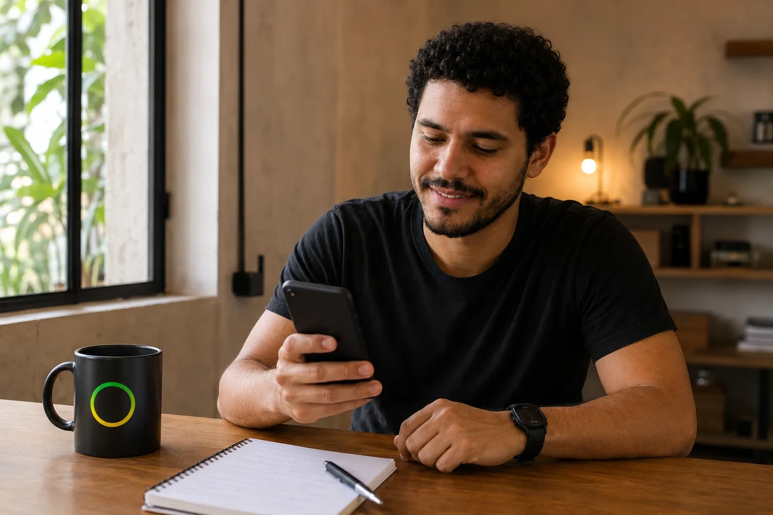 A Brazilian shopkeeper smiling while holding a smartphone displaying a successful Pix payment confirmation screen.