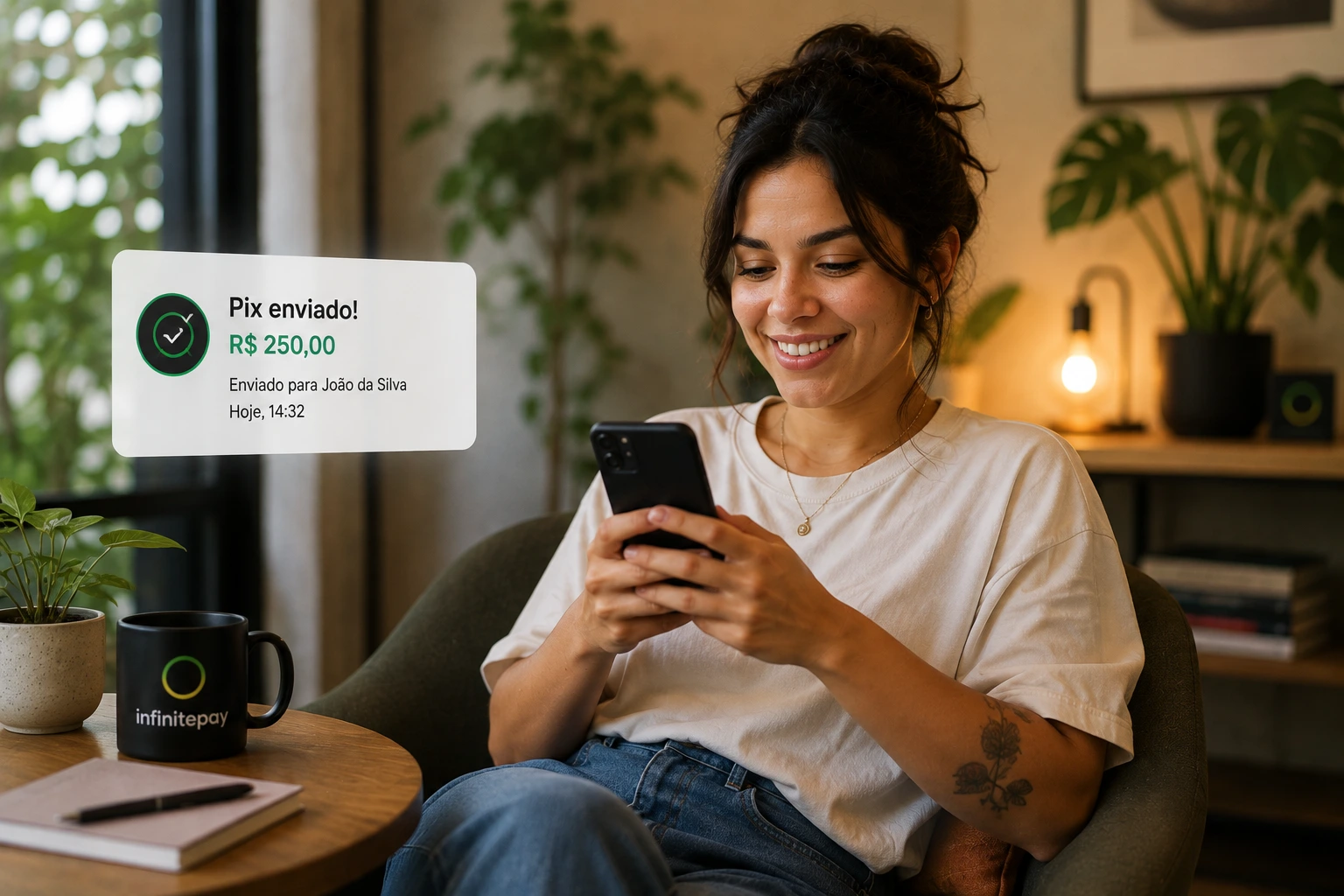 Mulher sorrindo ao segurar smartphone com notificação de Pix enviado e caneca da InfinitePay na mesa.