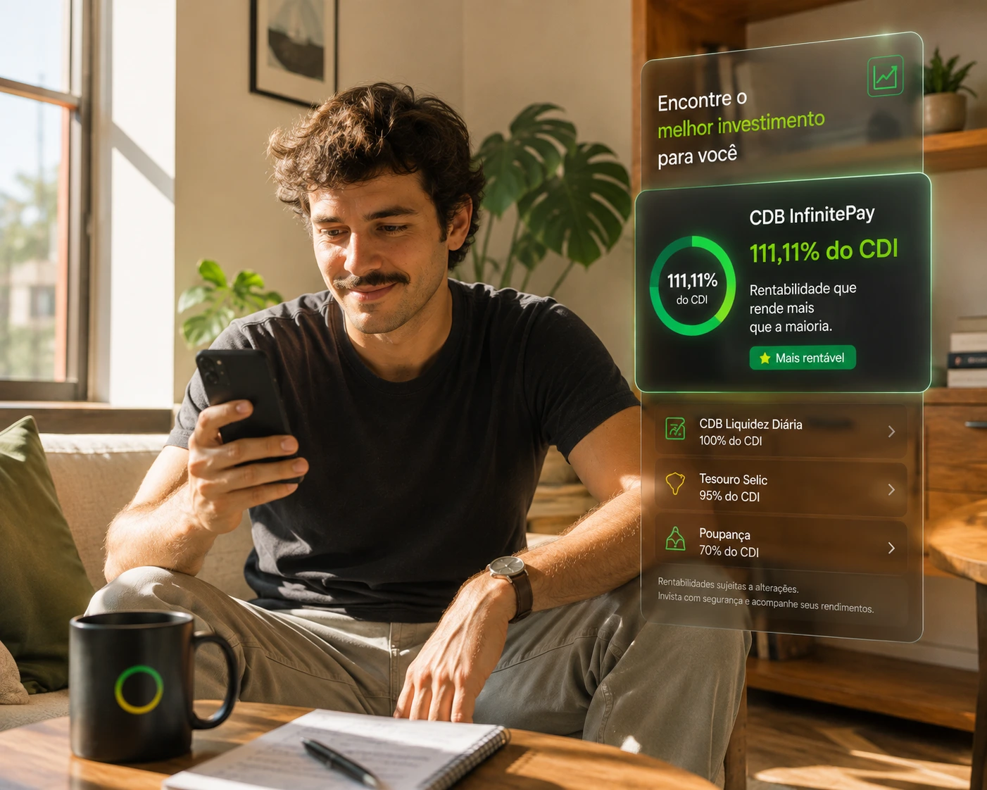 Homem no sofá com smartphone mostrando CDB InfinitePay 111,11% do CDI como mais rentável que Poupança e Tesouro Selic.