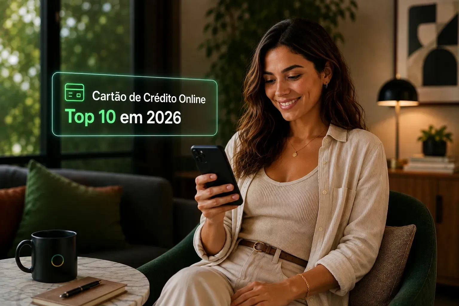 Mulher sorridente segurando um smartphone enquanto uma caixa verde flutuante exibe um ícone de cartão de crédito e o texto Cartão de Crédito Online, Top 10 em 2026