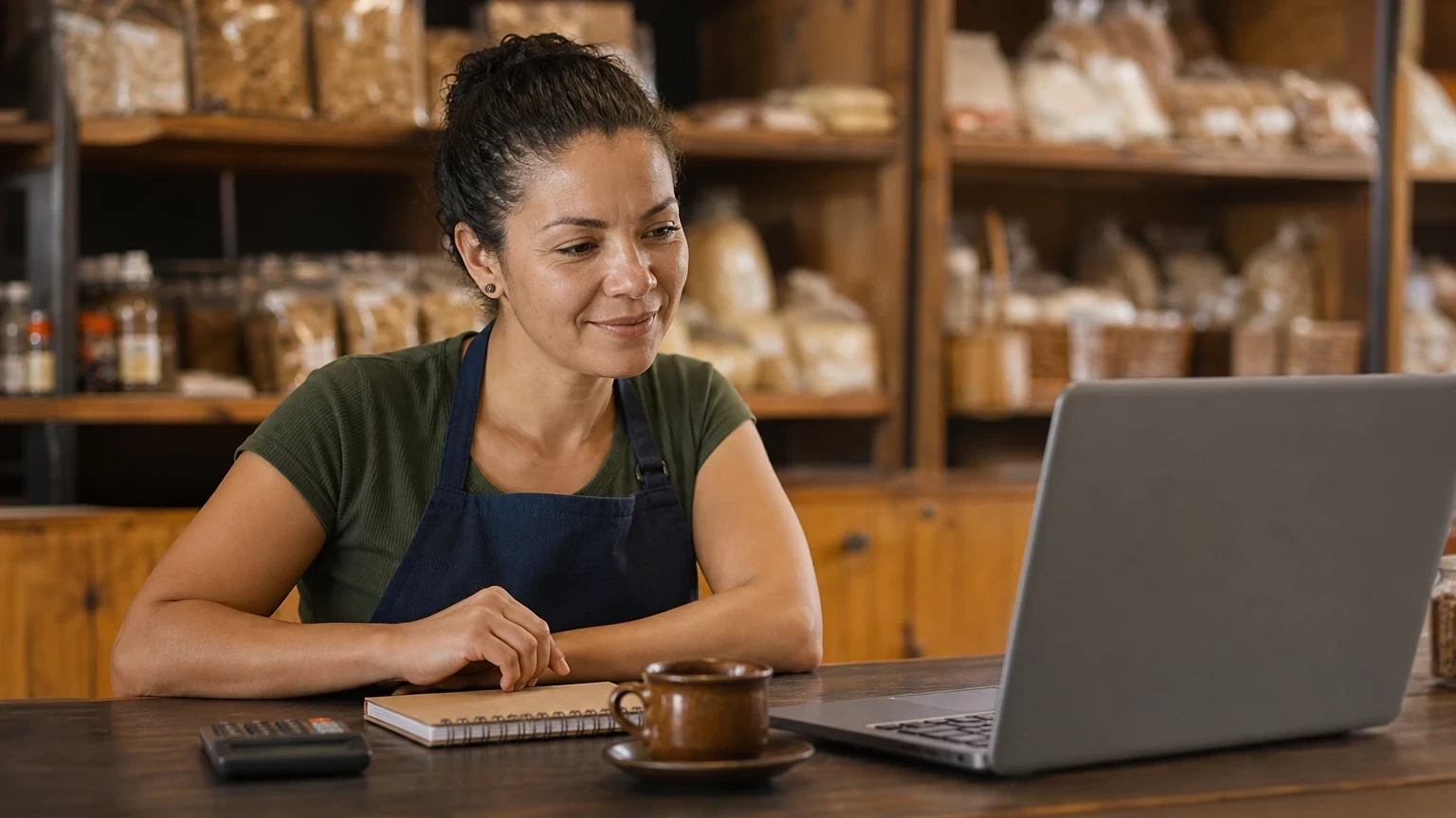 Lojista de avental sorri ao usar notebook no balcão de sua mercearia, ao lado de uma calculadora e xícara de café.