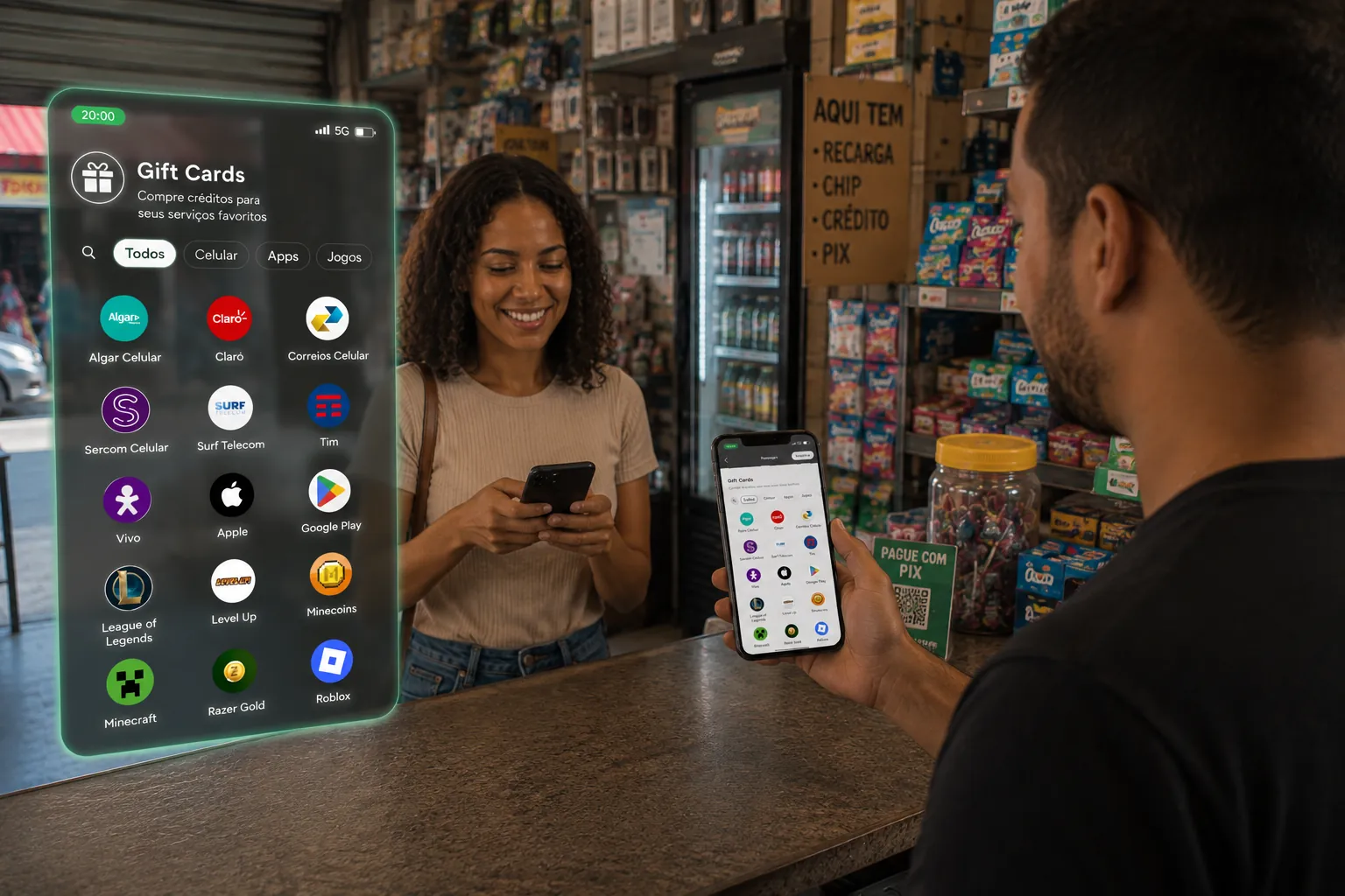Lojista mostra gift cards no app InfinitePay para uma cliente no balcão.