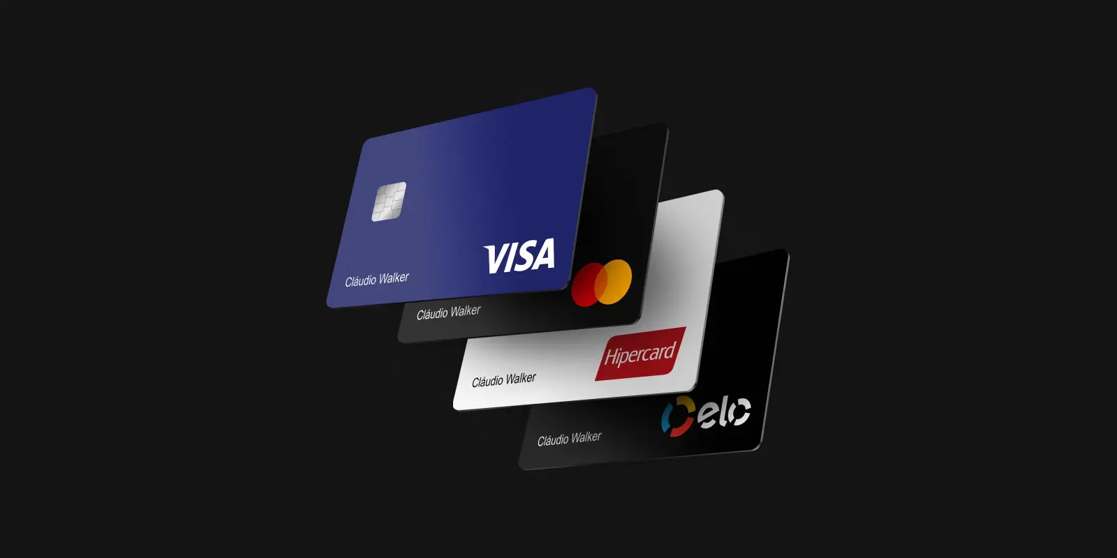 Imagem mostrando quatro cartões de crédito flutuando em um fundo preto. Os cartões exibem as bandeiras de cartão Visa, Mastercard, Hipercard e Elo. Cada cartão possui o nome 'Cláudio Walker' impresso