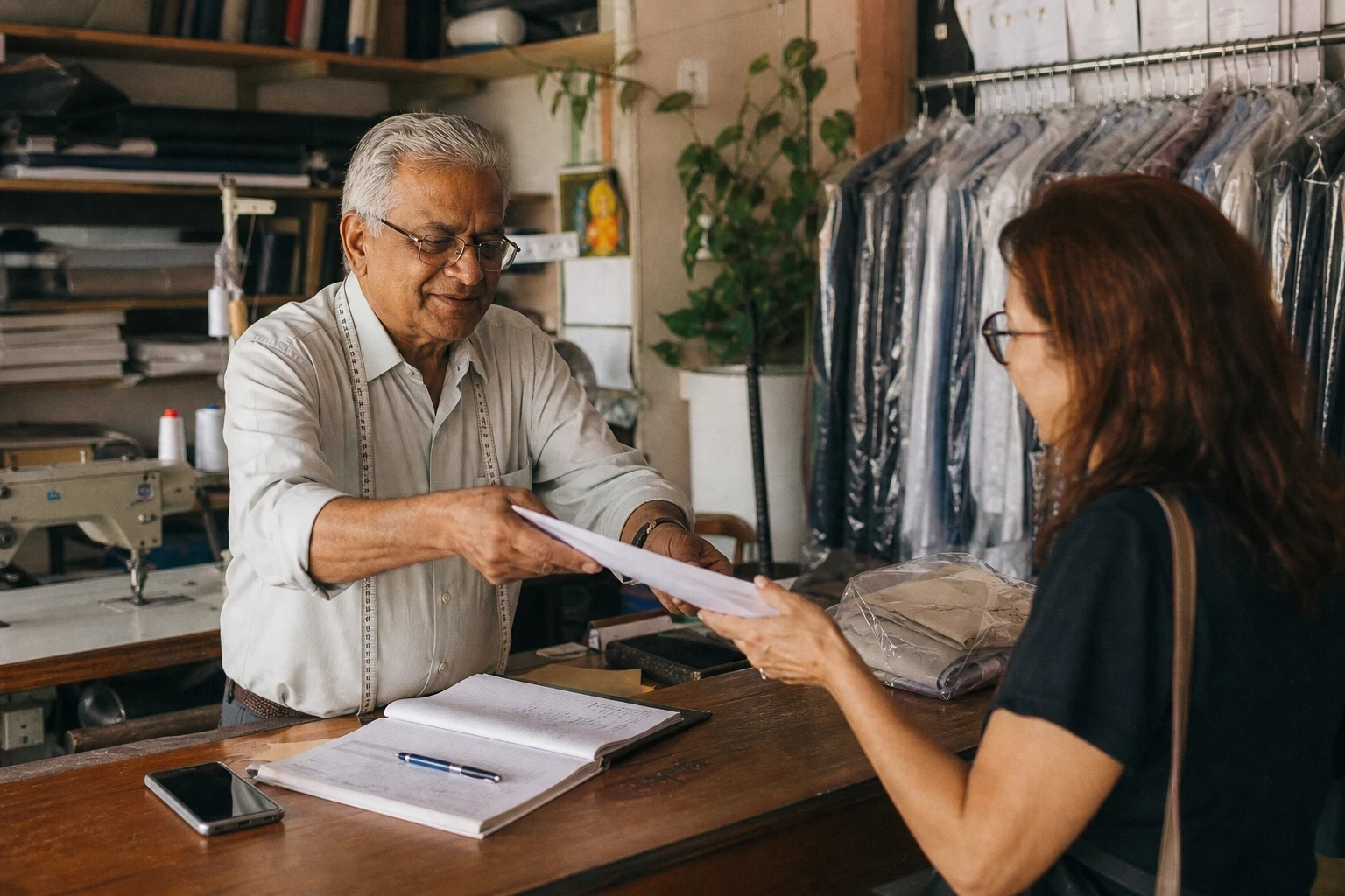 Alfaiate entrega nota fiscal a cliente no balcão de sua alfaiataria.