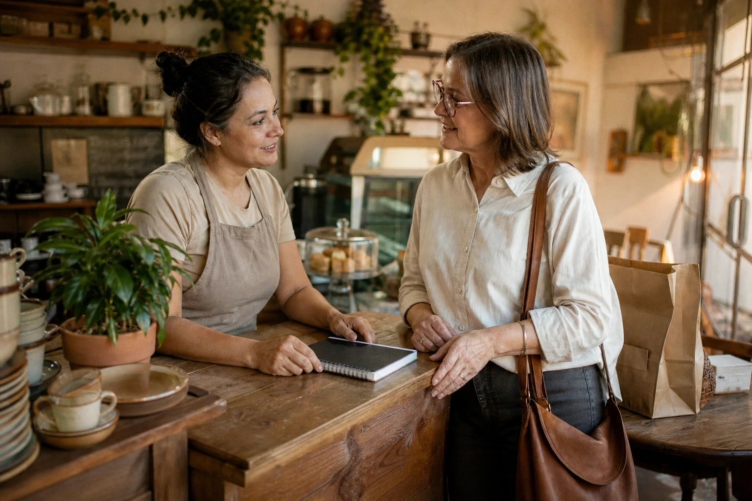 Dona de café conversa com contadora sobre registros mensais no balcão.