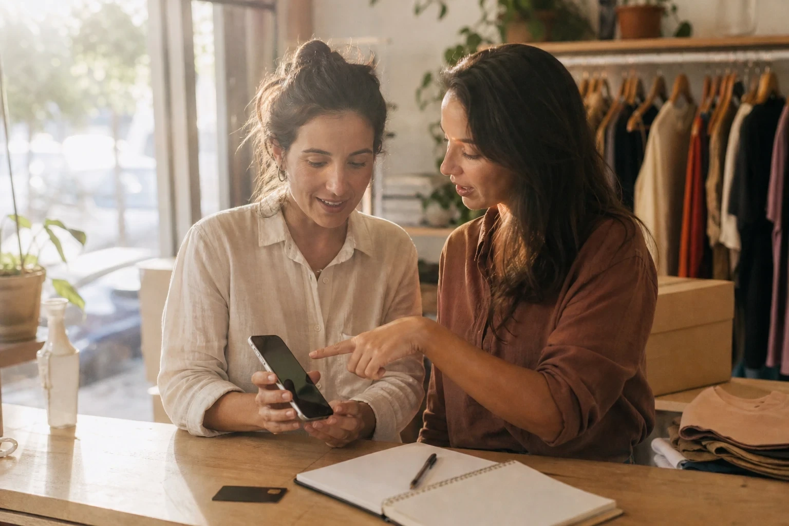 Duas empreendedoras em loja de roupas analisam anúncios no celular juntas.