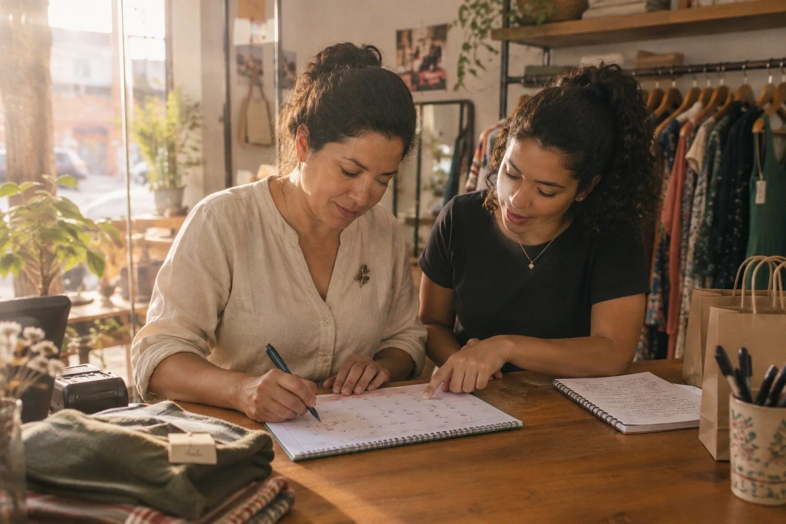 Duas lojistas conferem o calendário e anotam vencimentos no balcão de uma loja de roupas.