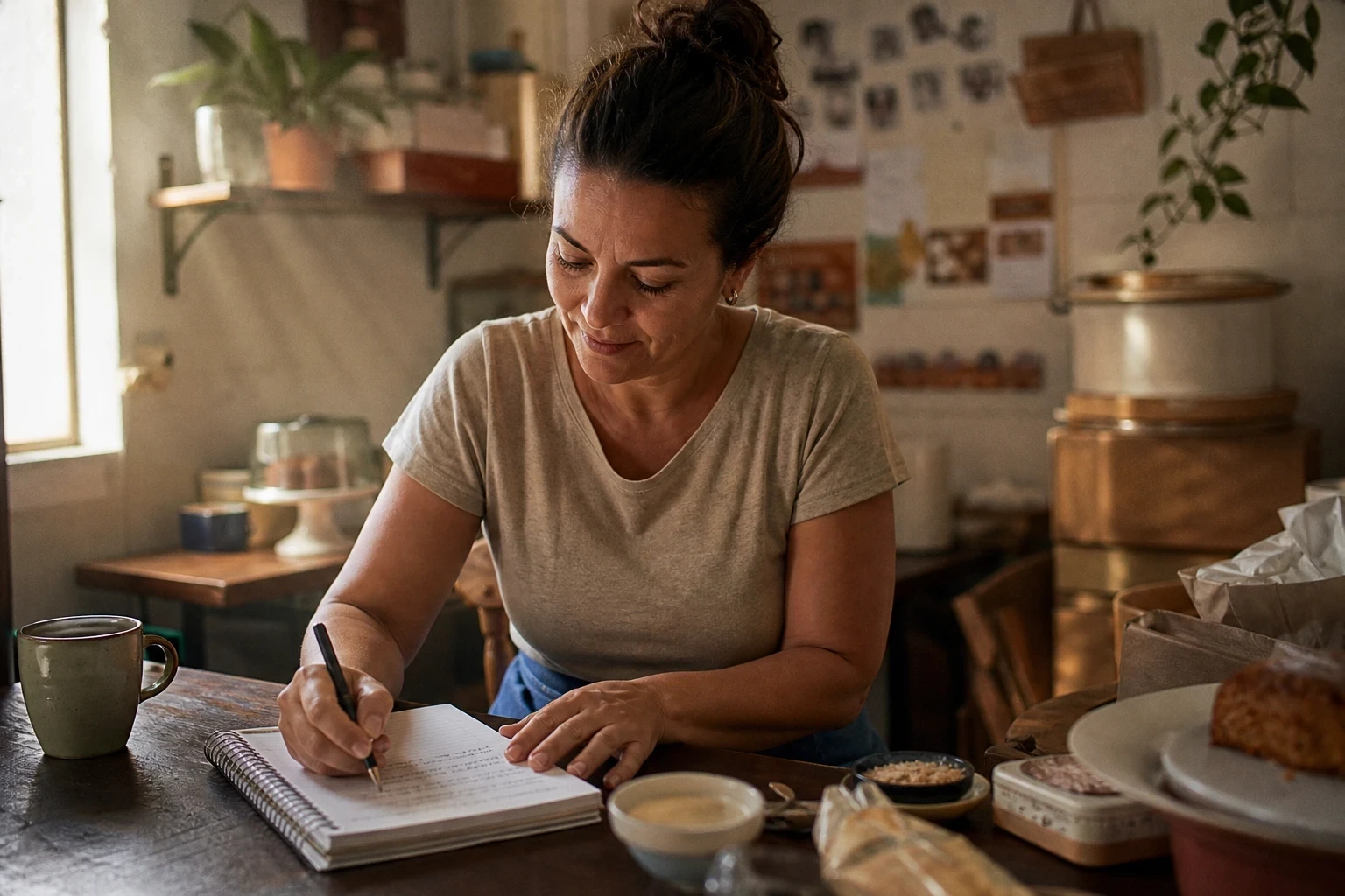 Mulher faz anotações em um caderno no balcão de uma pequena cafeteria.